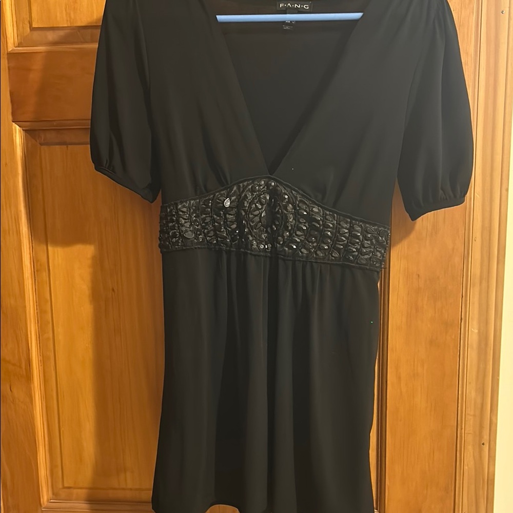 FANG Black Blouse with V-Neckline and Embellished Waistband